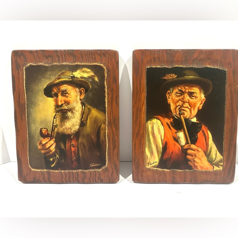 2 Vintage Tauber Prints Hanging Art On Wood by Artique 12x9 Men Smoking Pipe
